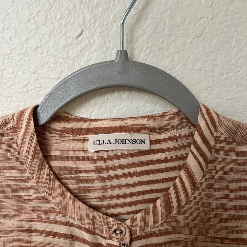 ULLA JOHNSON | Fiora Striped Cotton-Voile Midi Waist Tie Dress in Fawn | Size 2 - Picture 10 of 15